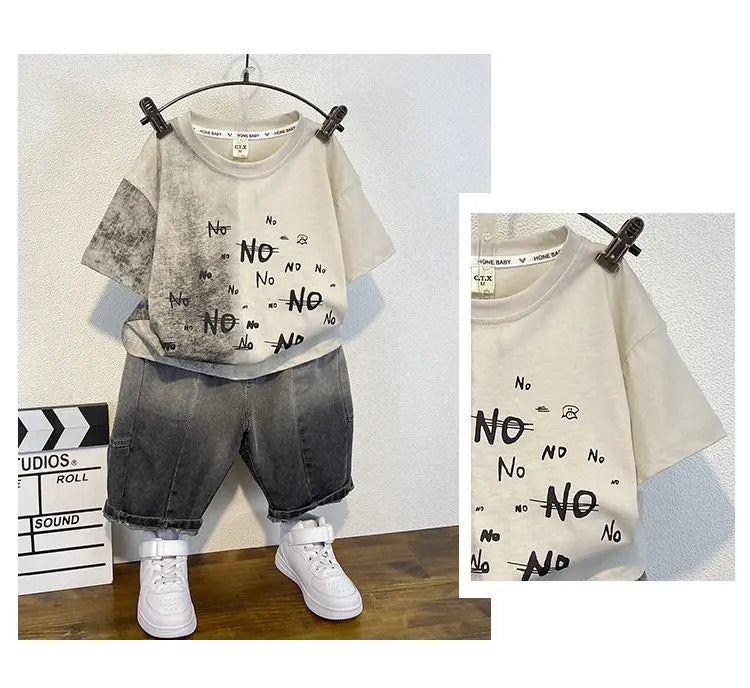 Korean Baby Boys Summer Sets Children's Clothing Short-Sleeved Letter T-Shirt & Denim Shorts Kids Boys Outfits Clothes 2-11Y