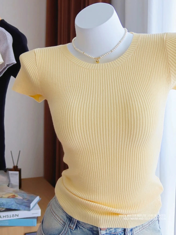 AOSSVIAO 2025 Basic O-neck Solid Thin Summer Pullover Women Female Knitted Ribbed Sweater Slim Short Sleeve Bodycon Sweater