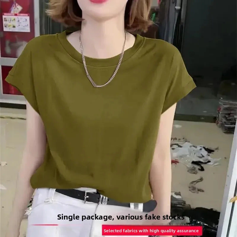 Ice Silk Loose Short Sleeve Crew Neck T-Shirt Knitted Polyester Fiber Summer Basic Top Ice Thread Decorated Bottom Shirt