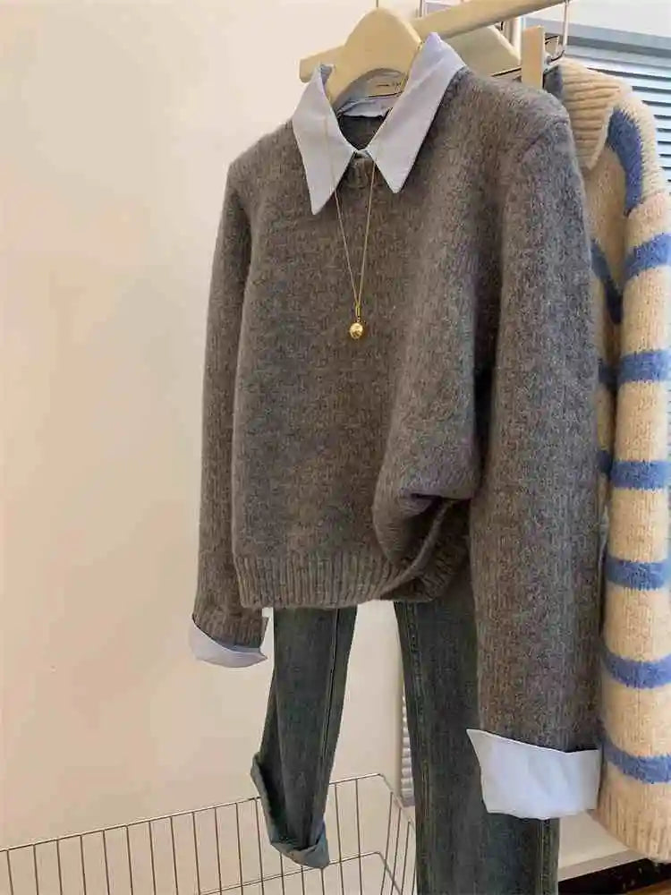 Gray Fake Two-piece Spliced Shirt Collar Sweater 2024 New Autumn/Winter Women's Lazy Style Loose Base Sweater Office Knitted Top