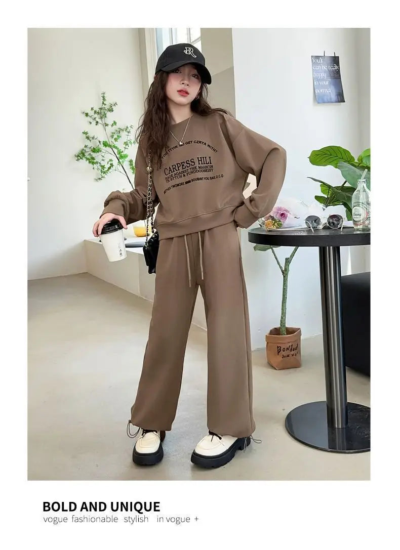 2025 autumn winter kids Girls Clothes Suit Child letters sweatshirt crop top + wide leg pant Tracksuit 4 5 6 7 8 9 10 11 12 year