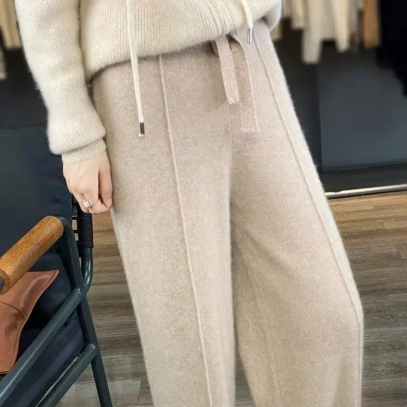 Women Merino Wool Knitted Wide Leg Pants Autumn Winter Basic Soft Warm Cashmere Knit Trousers Casual Simple Style Korean