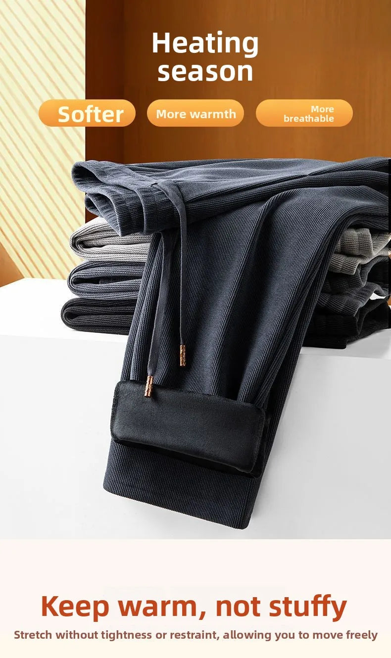 Men's Loose Straight Leg Fleece Lined Thickened Warm Casual Pants Autumn Winter Dad Pants Comfortable Polyester Fiber