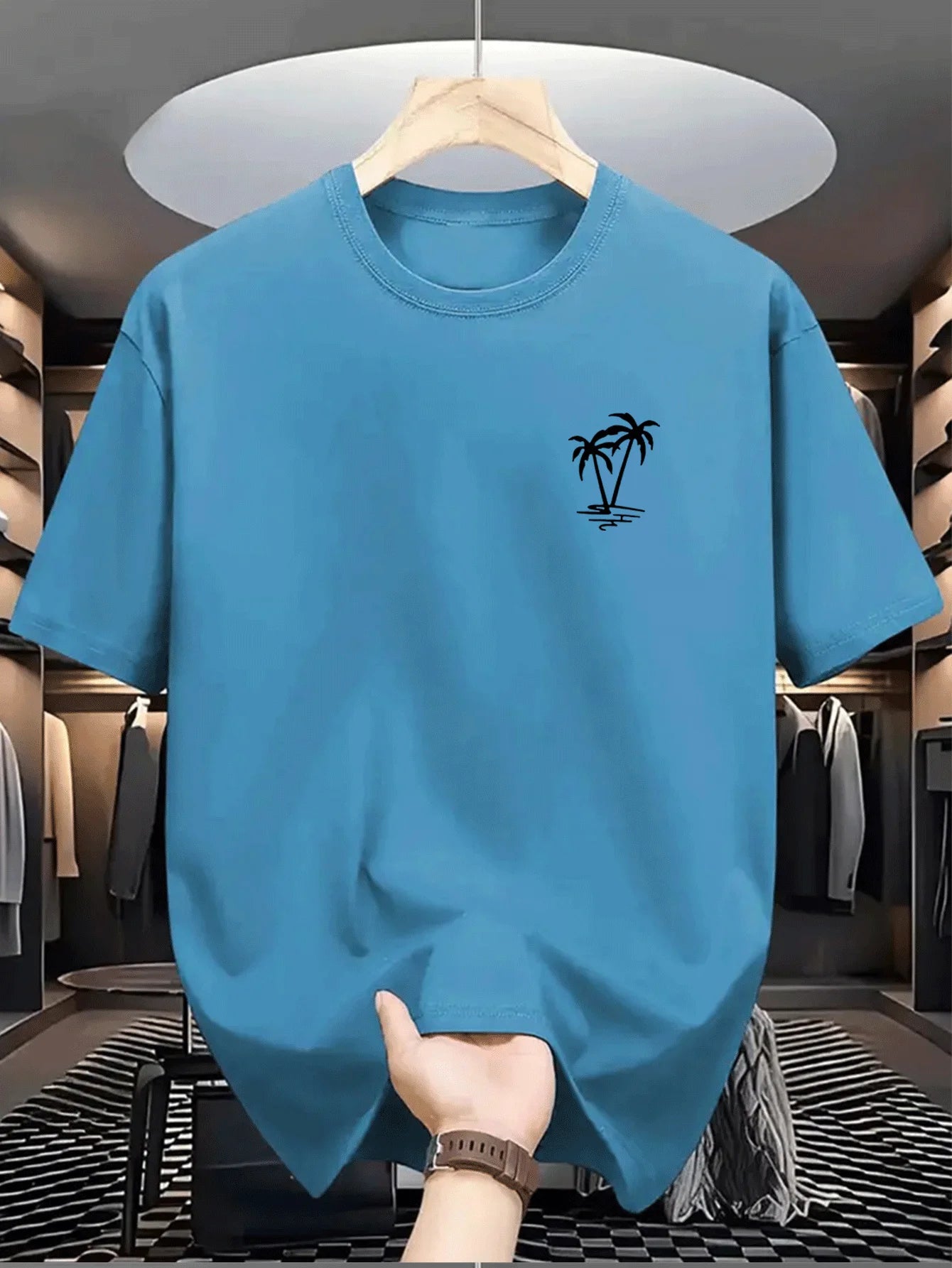 Men's summer  cotton fashionable casual loose coconut tree pattern printed sports round neck short sleeved T-shirt top