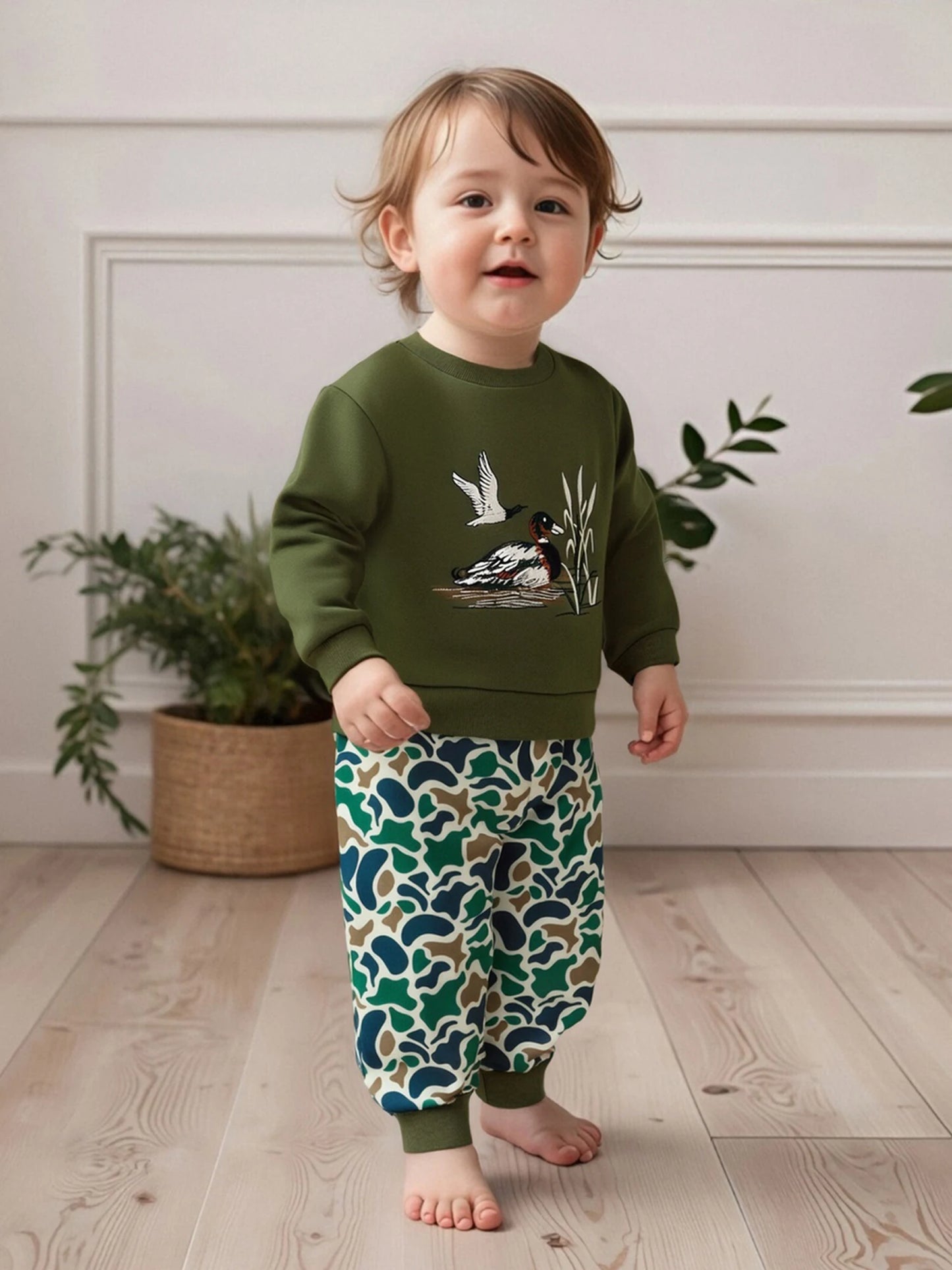 FOCUSNORM 0-4Y Casual Kids Boys Fall Clothes Sets Duck Embroidery Long Sleeve Round Neck Pullover + Camouflage Pants