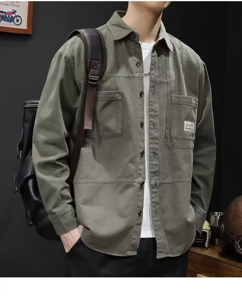 Retro Casual Loose Fit Men's Shirt Long Sleeve Turn-down Collar Fashionable Workwear Jacket Outerwear for Youth