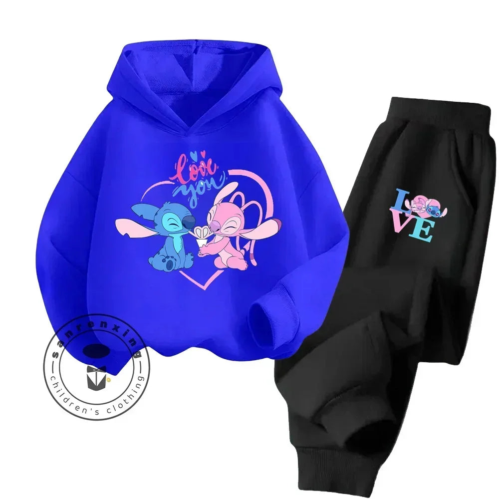 Cartoon Stitch Children Hooded Sweatshirt+Pants Two-piece Set Boy Girl Autumn Winter Daily Outdoor Vacation Warm Soft Sportswear
