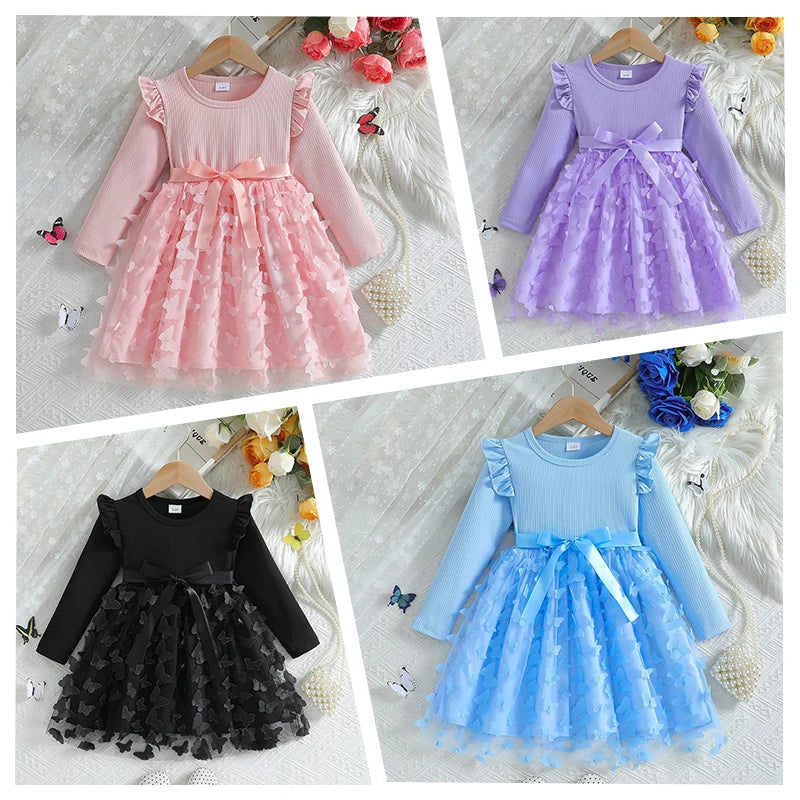 Custom Made Girls' Dresses Girl Three Butterfly Sweet Mesh With Belt Long Sleeved Dress Vestidos De Bebê
