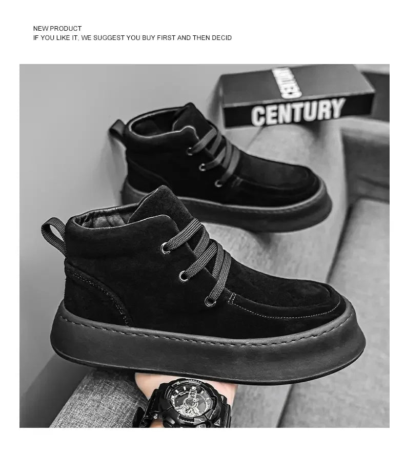 Men's High-top Boots in Solid Colors Flat Heels and Lace-up A Trendy Brand Design for The Four Seasons Fashion Walking Boots