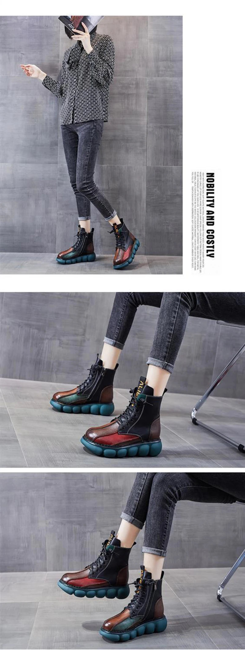 New Autumn Boots Women Mixed Colors Shoes Fashion Round Toe Lace Up Casual Thick-soled Ladies Flat Platform Short Boots