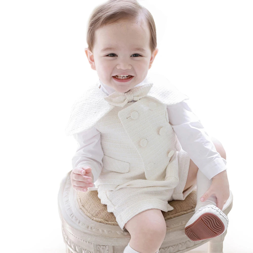 White Boys Suits Fashion Formal Baptism Party Dress Vest shawl Shorts hat 4pcs sets Outfits Kids Birthday Boutique Clothing set