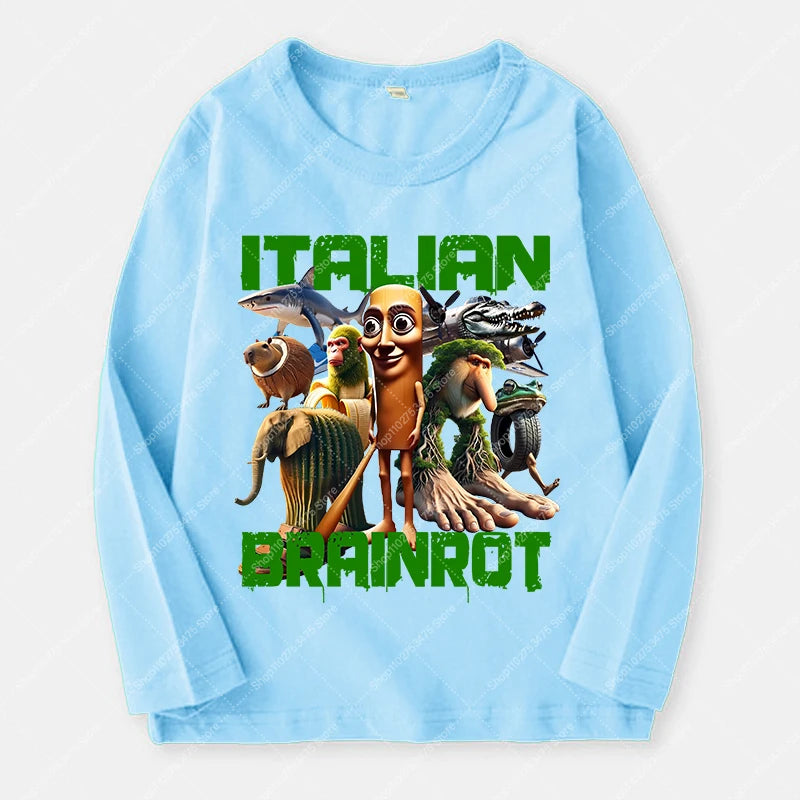 Italian Brainrot Long Sleeve T-shirt for Kids Funny Meme Children Autumn Tops Tung Tung Tung Sahur Tee Boy Girl Clothing Gifts