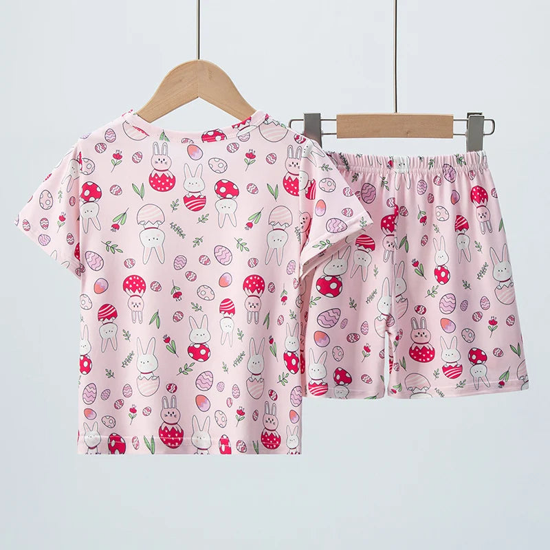 2-piece Summer Children's Shorts Short Sleeve Suit Girl Sweet And Lovely Pink Rabbit Coat Boy Handsome Bear Joker Home Clothes