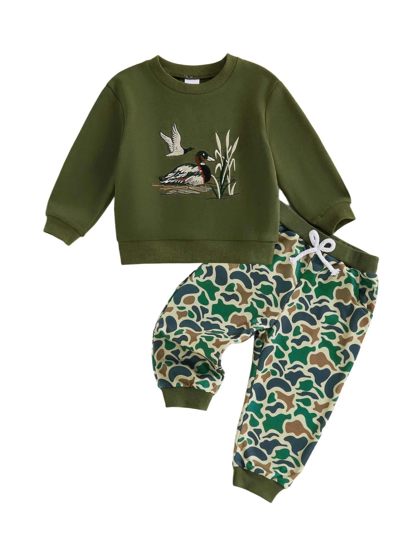 FOCUSNORM 0-4Y Casual Kids Boys Fall Clothes Sets Duck Embroidery Long Sleeve Round Neck Pullover + Camouflage Pants