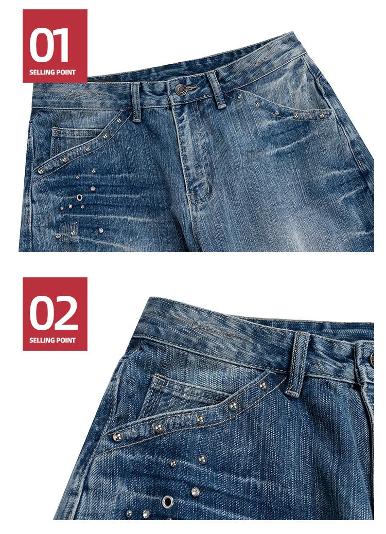 MIJKO Men Women Jeans Washed Fashion Rivet Casual Denim Pants
