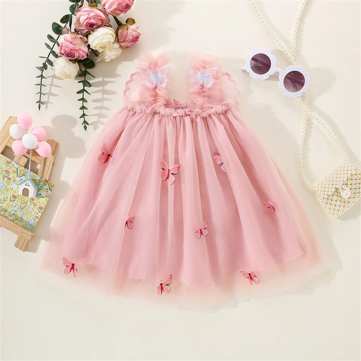 Summer New Girl's Dress Sweet Hanging Strap Butterfly Mesh Cute Back Butterfly Wings Mesh Dress Princess Dress Suitable for 0-3