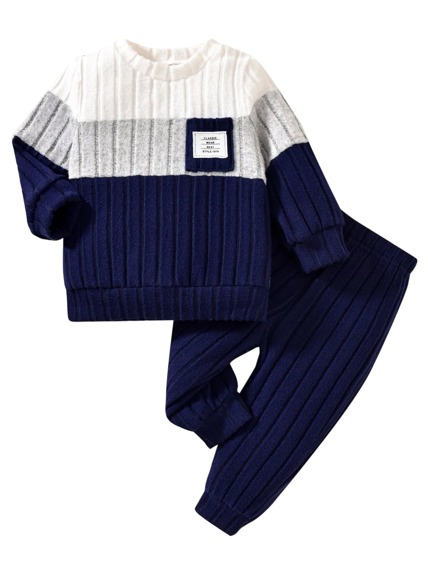 VISgogo 0-3 Years Boys Fall 2Pcs Clothes Sets Long Sleeve O Neck Patchwork Pullover Solid Color Pants