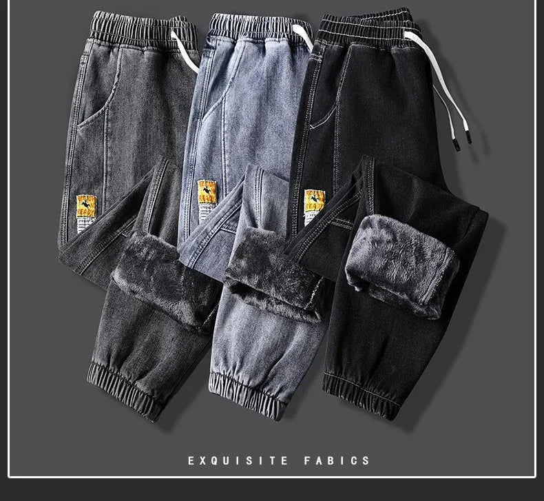 2023New Men's jeans Winter Fleece Jeans Thick Warm Denim Pants Men Streetwear Black Joggers Harem Jean Thermal Trousers