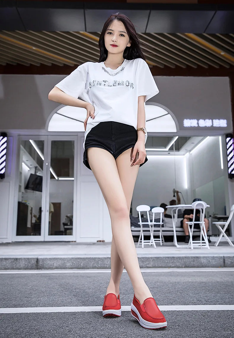 Women's Shoes Spring Genuine Leather Soft Outsole Work Shoes Female Black Swing Shoes Woman Plus Size Wedges Single Shoes