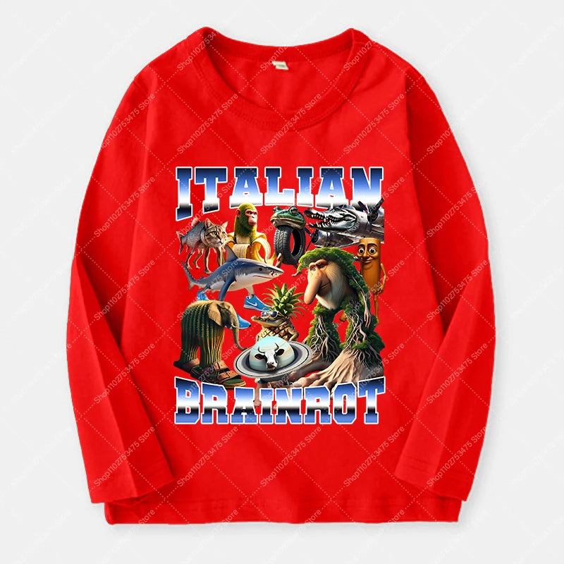Italian Brainrot Long Sleeve T-shirt for Kids Funny Meme Children Autumn Tops Tung Tung Tung Sahur Tee Boy Girl Clothing Gifts