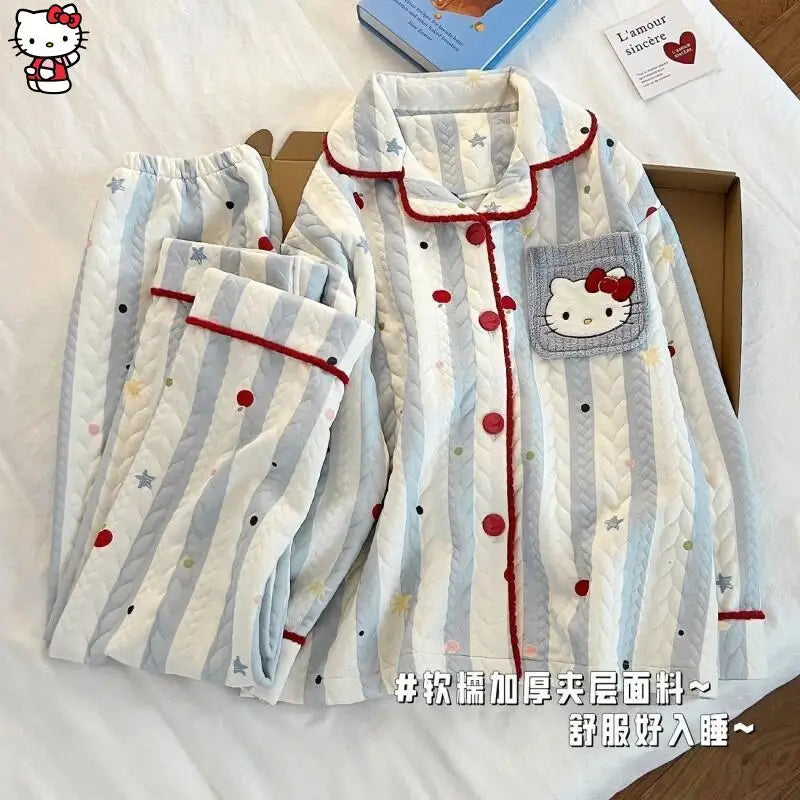 Hot Sanrio Girl Loungewear Set Hello Kitty Anime Kawaii Casual Loose Comfort Air-Layer Fabric 2-Piece Set Children Clothing New