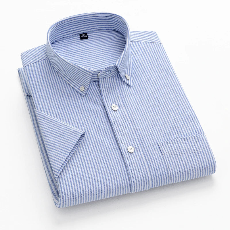 New Men's Striped Fashion Short Sleeve 100% Cotton Oxford Plaid Business Button Down Regular Fit Office Shirt Man Clothing
