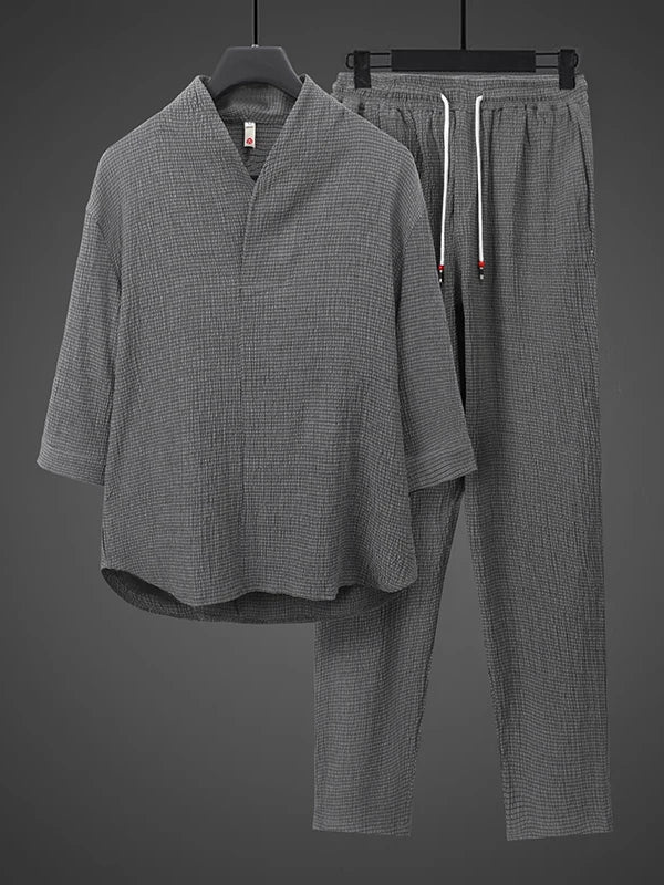 Summer Thin Ice Silk Casual Loose Sve T-irt Two-Piece Set for Young Men Comfortable Breathable Lightweight Long Pants