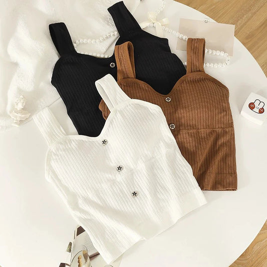 Women's Y2K Cropped Tops with Bra Pads Summer Corset Korean Suspenders Vest Sexy Camisole Slim New