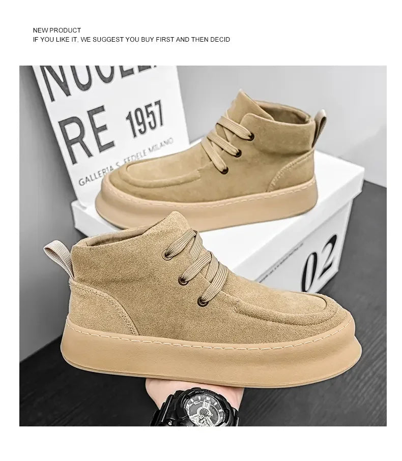 Men's High-top Boots in Solid Colors Flat Heels and Lace-up A Trendy Brand Design for The Four Seasons Fashion Walking Boots