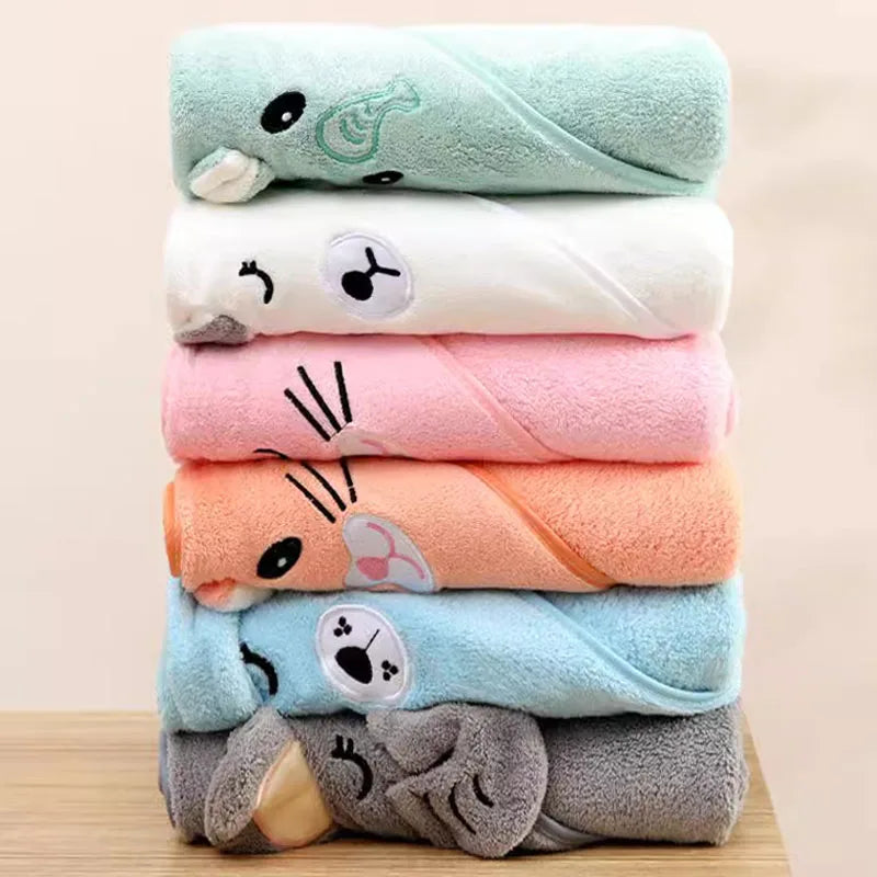 Toddler Bathrobe Infant Bath Towel Boy Girl Blankets Swaddle With Hood Cartoon Coral Fleece Towel Blanket Newborn Kids Bedding