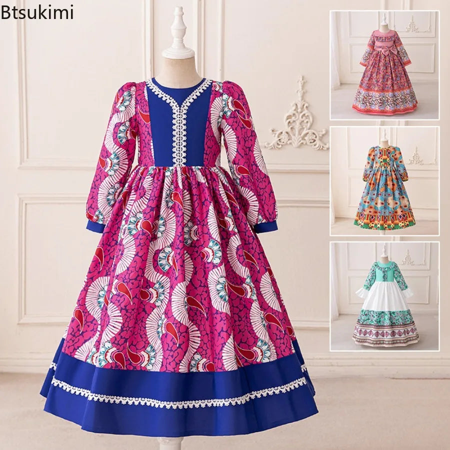 Muslim Ramadan Prayer Gowns Party Girls Dress Long Sleeve Robe Arabic Dubai Abaya Girls Dresses Eid Child Holiday Prom Costumes