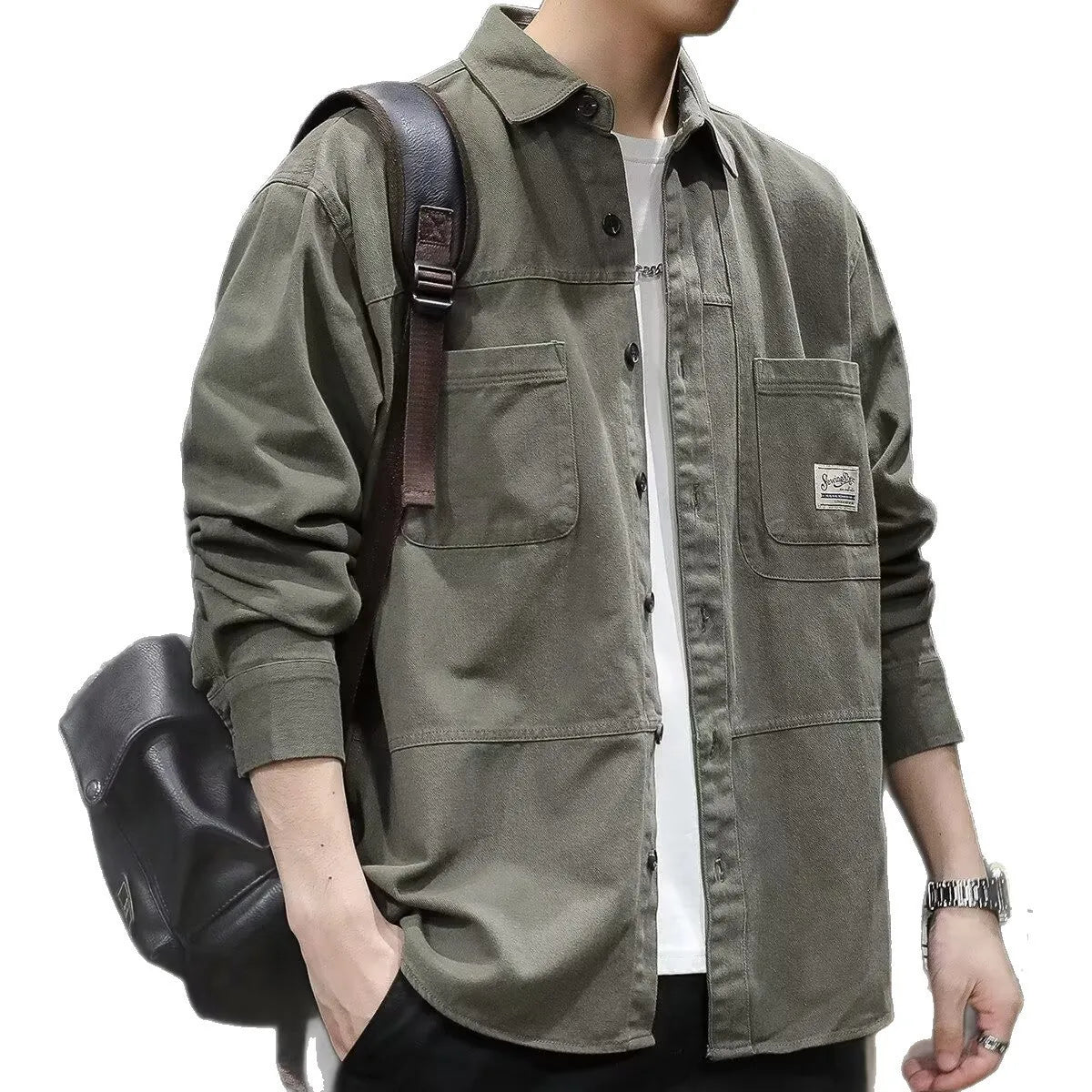 Retro Casual Loose Fit Men's Shirt Long Sleeve Turn-down Collar Fashionable Workwear Jacket Outerwear for Youth