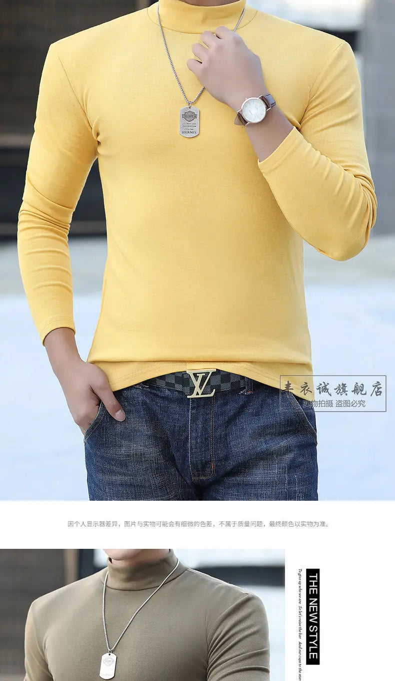 Fashion Men's Oversize High Collar Long Sleeves Autumn Winter Pure Thermal Shirt for Men  Layering Stylish T-Shirt