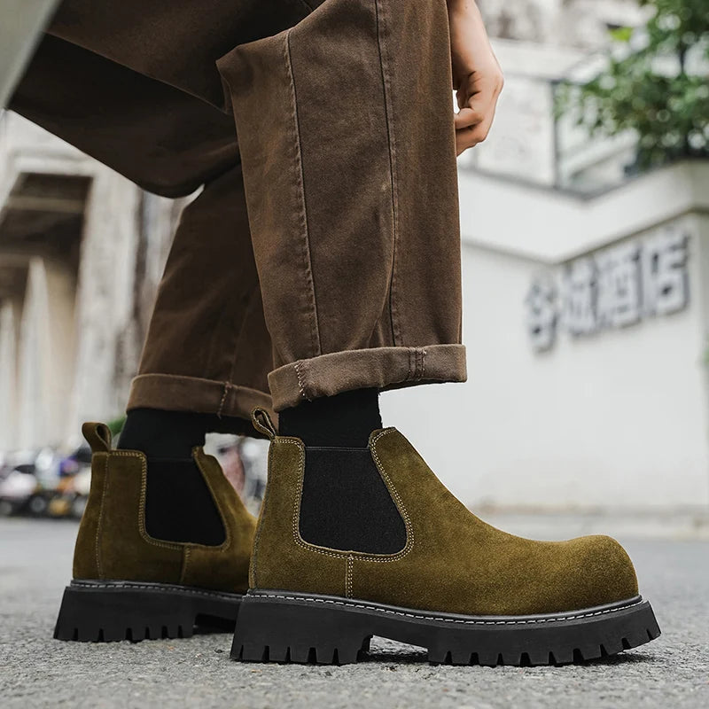 High Quality Fashion Mens Boots Black Boots Fashion Casual British Style Thick Bottomed Mid-top Chelsea Boots Large Size