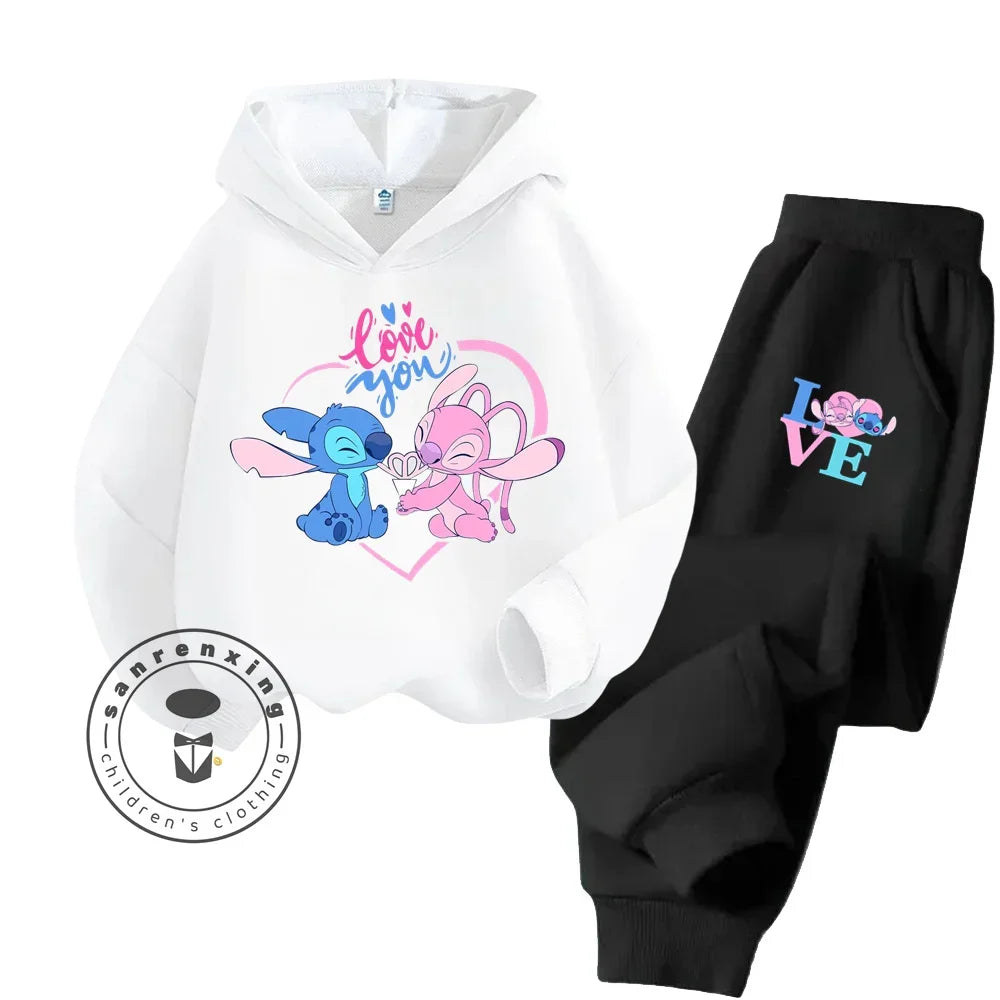 Cartoon Stitch Children Hooded Sweatshirt+Pants Two-piece Set Boy Girl Autumn Winter Daily Outdoor Vacation Warm Soft Sportswear