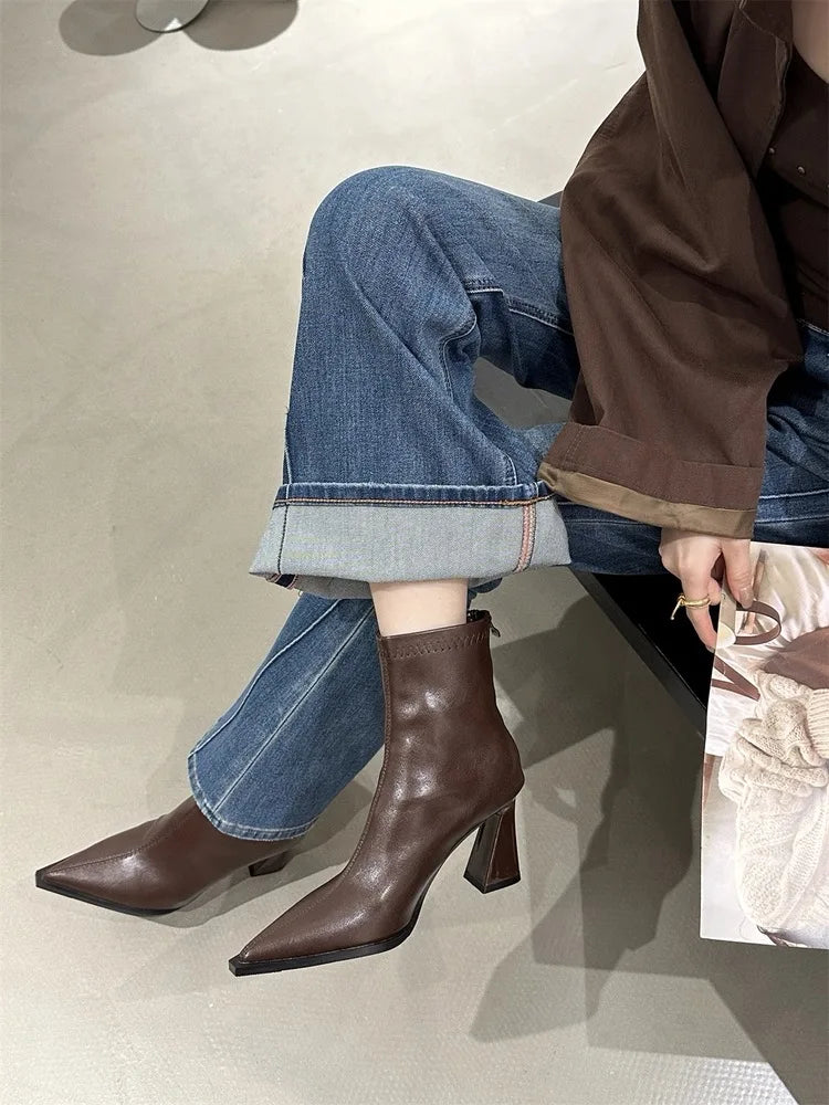 2025 Women Fashion Chelsea Ankle Boots Basic High Heels Boots Pointed Toe Shoes Women Band Non-slip Comfortable Boots 9989