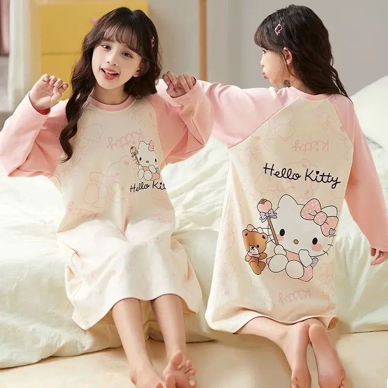 Sanrio My Melody Girls Pajama Kuromi Spring Autumn Long Sleeve Pure Cotton Children's Nightgown Cute Sleepwear Robe Loungewear