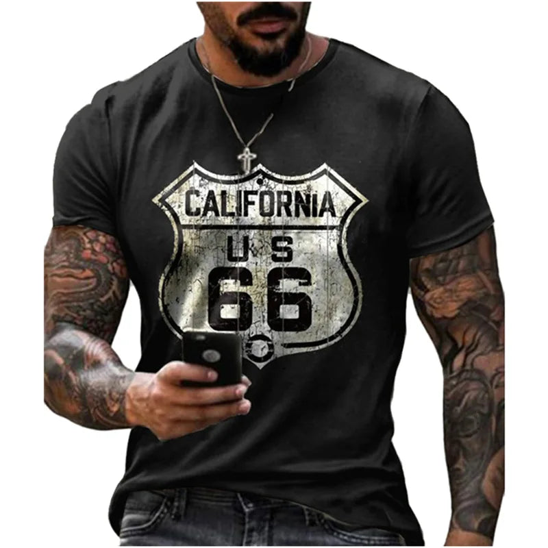 Retro America Route 66 3D Printed Men's T-shirts Vintage Loose Men Clothing Summer Round Neck Short Sleeve Unisex Tops Tees 4XL