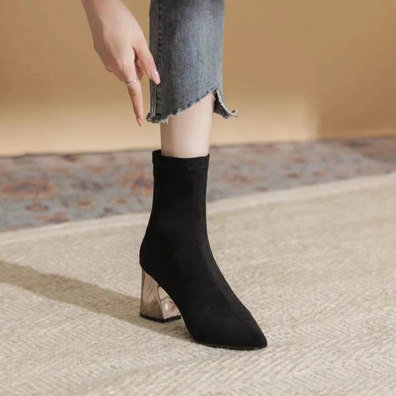 Womens Sexy Boots Suede Women'S Thick Heels And Pointed Black High Heels Versatile And Elegant Boots Zapatos De Mujer Ofertas