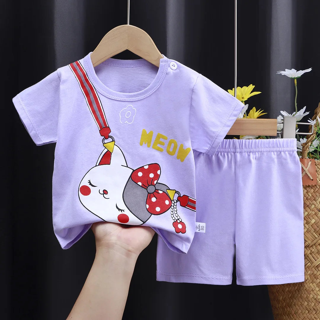 New Boys Summer Clothing Set Full Bear Print Cotton Short Sleeve T-shirts and Shorts 2PCS Breathable Outfit For Girls