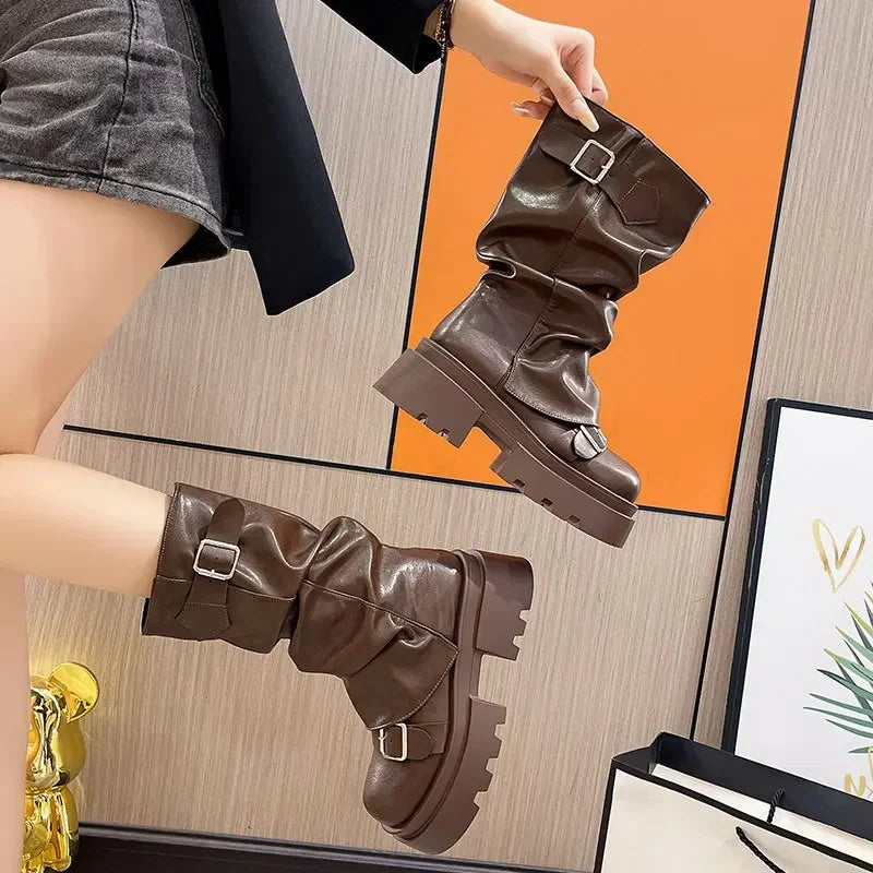 Women's Boots Brown Maillard Retro New Spring Autumn Height Increasing Comfortable Anti Slip Fashion Belt Buckle Boots 2025