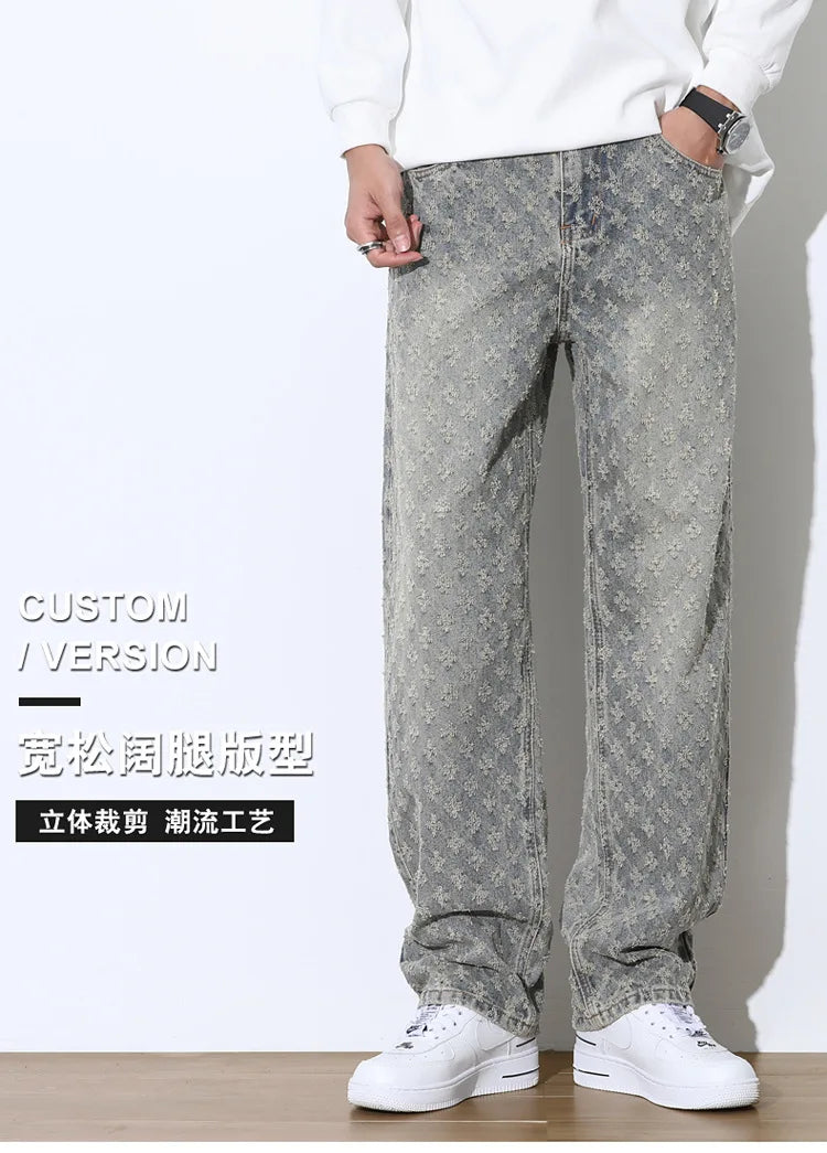 2025 Jacquard Full Print High Street Trendy Brand Ins Design Sense Jeans Loose Straight Tube Washed Wide Leg Long Pants