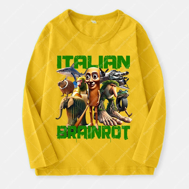 Italian Brainrot Long Sleeve T-shirt for Kids Funny Meme Children Autumn Tops Tung Tung Tung Sahur Tee Boy Girl Clothing Gifts