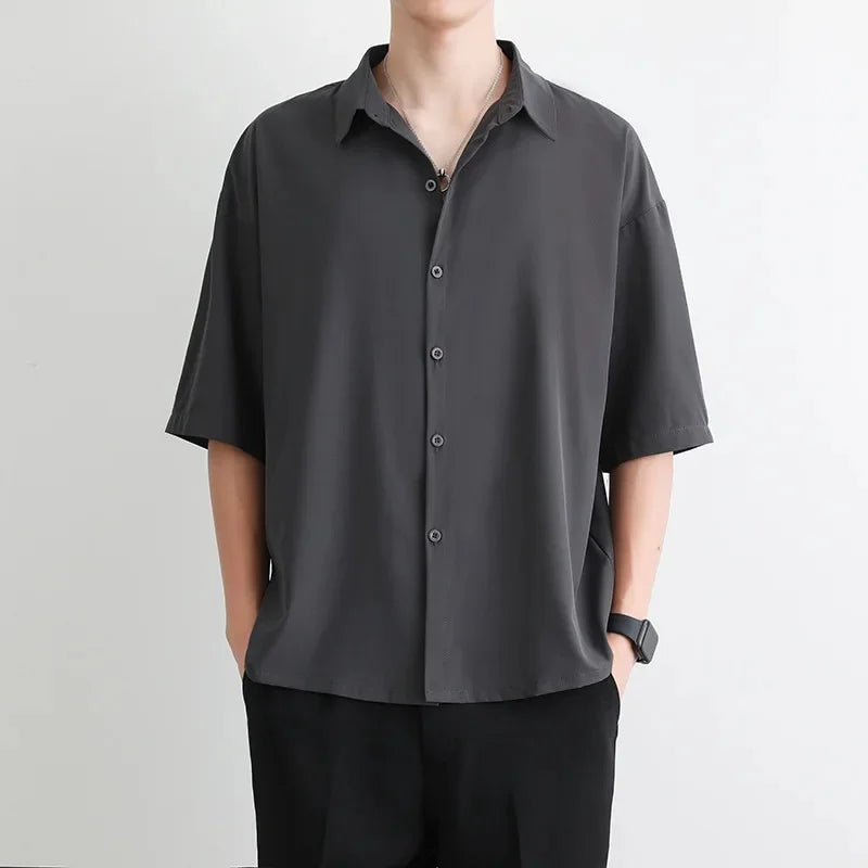 Men's Summer Loose Thin Ice Silk Short Sleeve White Shirt Half Sleeve Open Cardigan Breathable Korean Style Casual Top