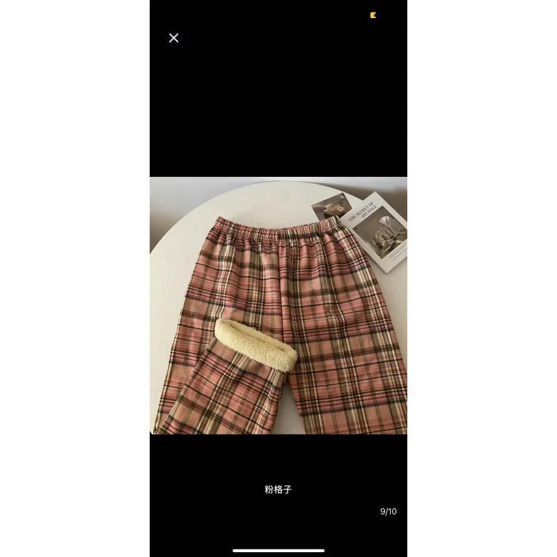 High Waist Straight Leg Pants Women's Autumn Winter Thickened Fleece Lamb Velvet Plaid Pants Loose Wide Leg Casual Trousers
