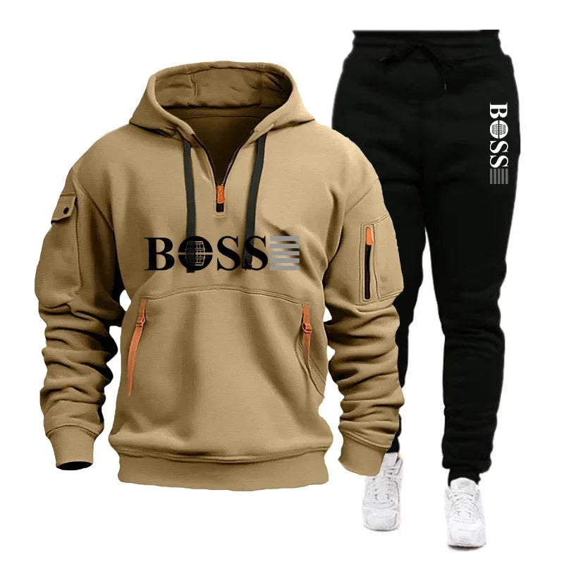 Men's Autumn and Winter New Pullovers Hoodie and Pants 2-piece Set, Outdoor Jogging Windproof Zipper Warm Men's Sportswear