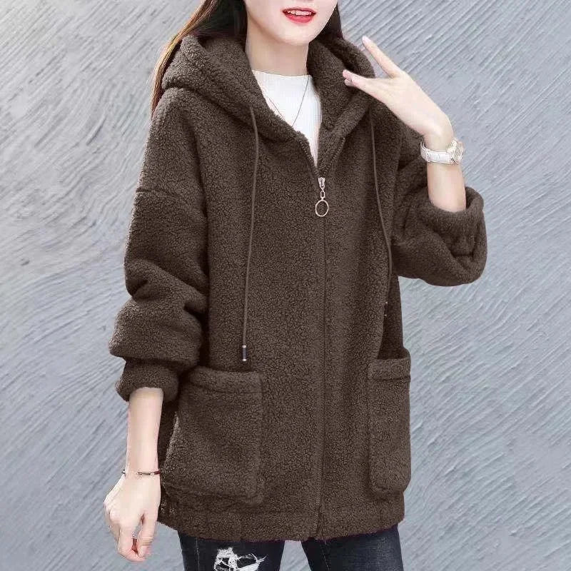 Lamb Velvet Hoodie Women's Thickened Fleece Teddy Velvet Loose Autumn Winter Korean Style Zipper Cardigan 082