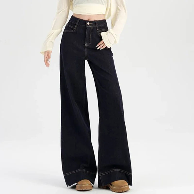 Girls High Waist Leisure Retro Jeans Female Korean Baggy Straight Leg Denim Trousers Women Fashion Bell Bottom Pants