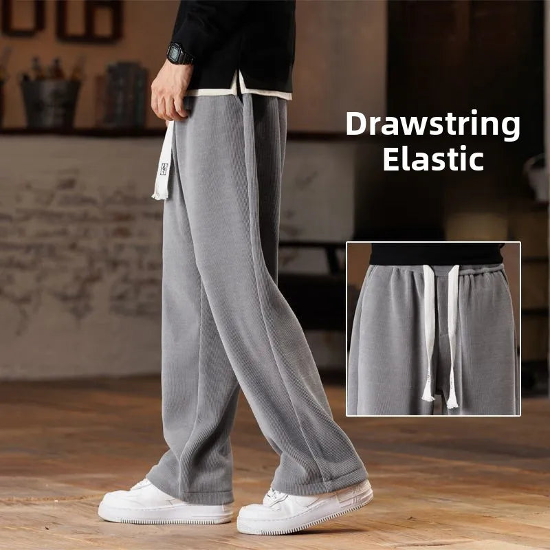 Men's Loose Straight Leg Fleece Lined Thickened Warm Casual Pants Autumn Winter Dad Pants Comfortable Polyester Fiber
