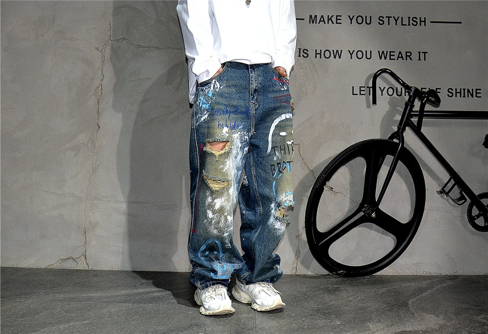 High End Men'S Clothing Hip Hop Graffiti Baggy Jeans For Men Streetwear Skateboard Ripped Jeans Korean Trendy Denim Trousers